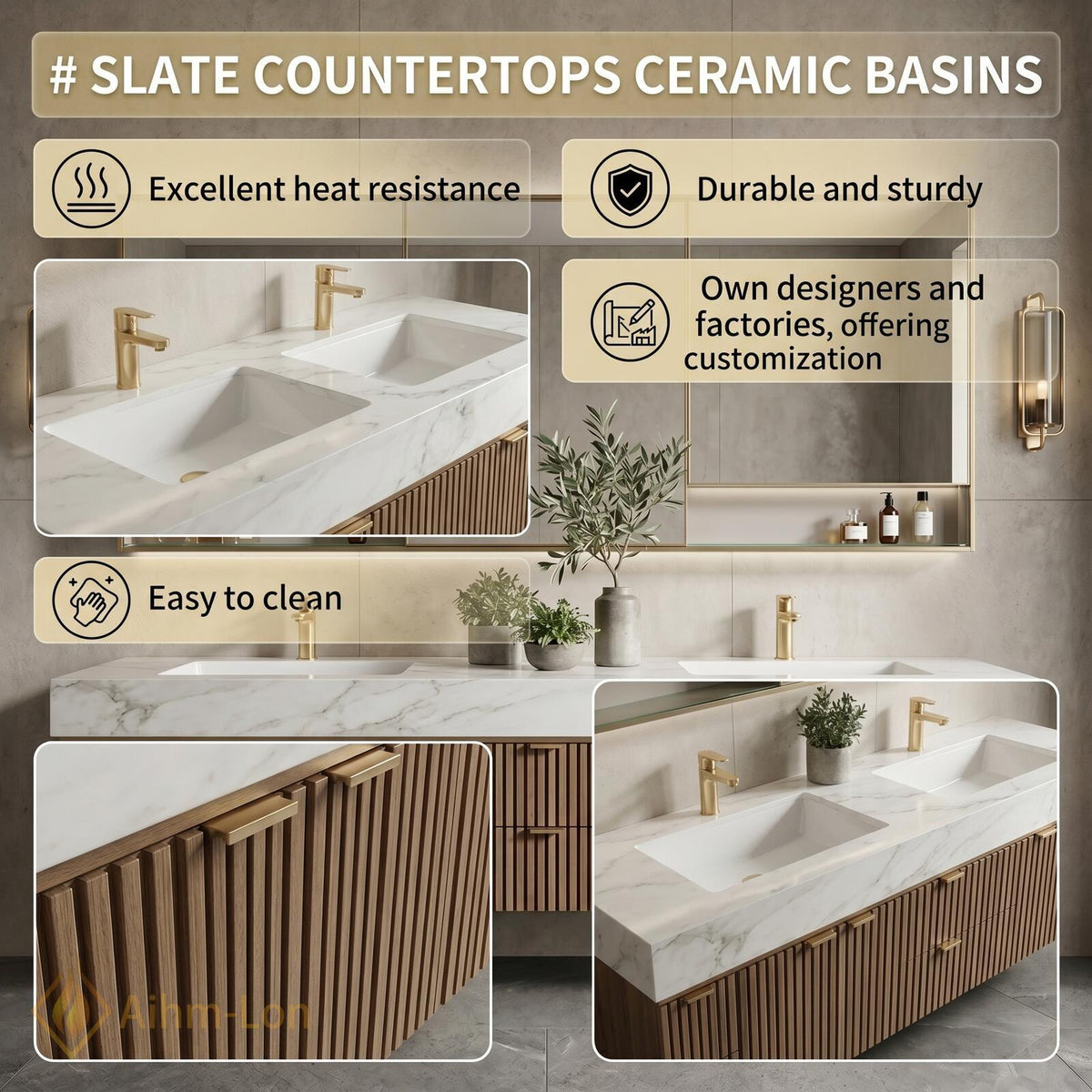 60''-96'' Double Bathroom Vanity with Sink Modern Floating Basins Vertical Slatted Front