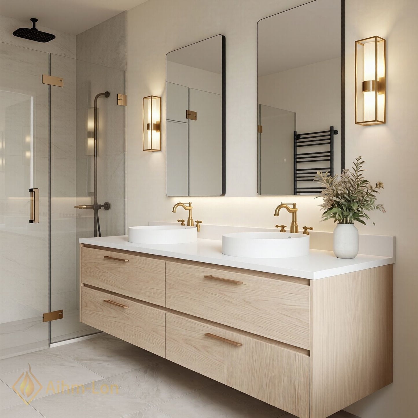 60''-96'' Modern Bathroom Vanity with Sink Floating Light Oak Finish Four Drawers