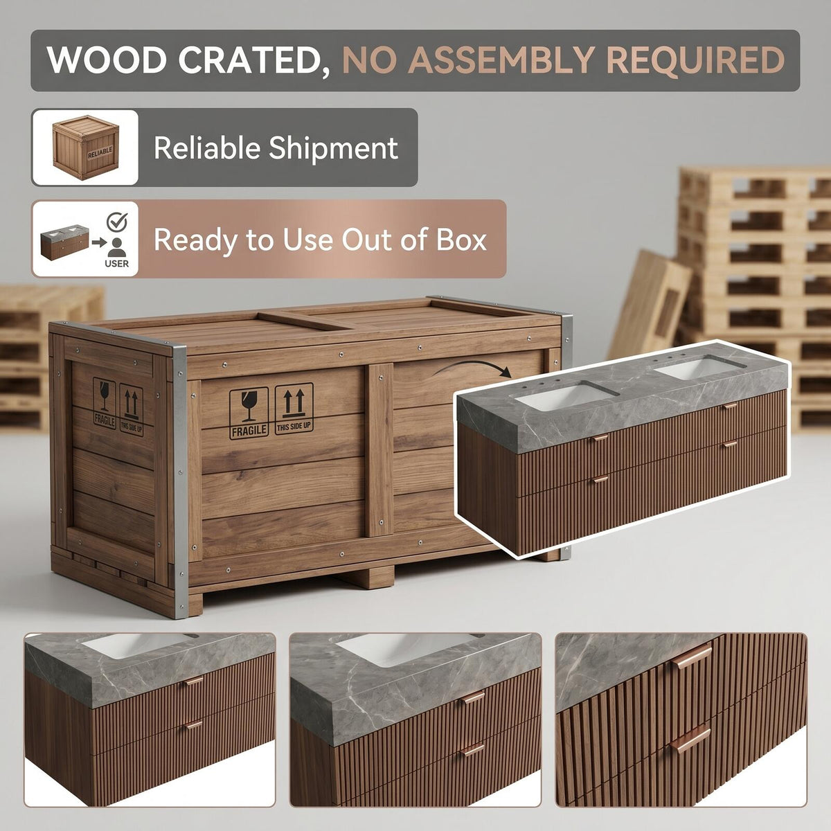 60''-96'' Double Bathroom Vanity with Sink Modern Floating Dark Wood Slatted Front Drawers