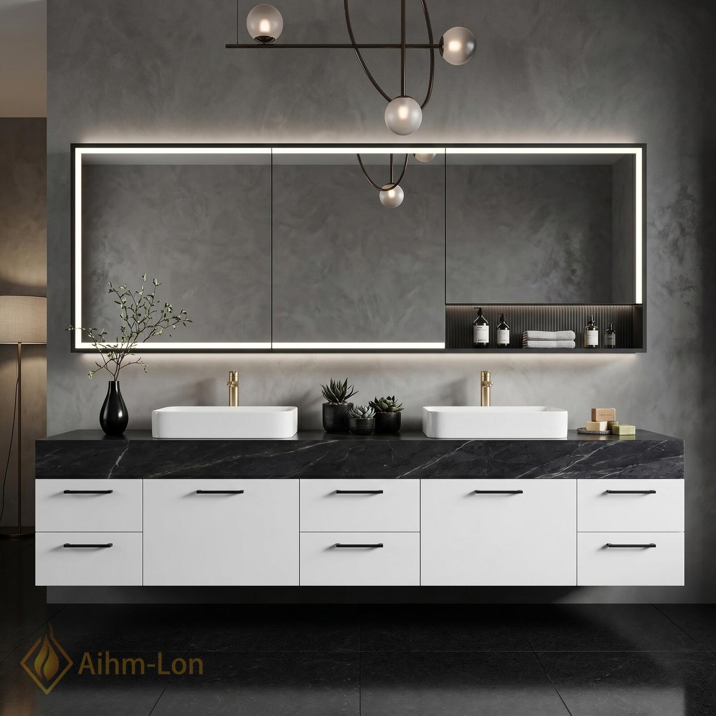 72''-96'' Double Bathroom Vanity with Sink White Dark Modern Floating Stone-Top