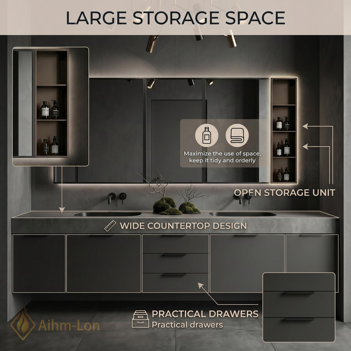 70''-96'' Modern Double Bathroom Vanity with Sink Floating Dark Matte Stone Top