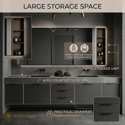 70''-96'' Modern Double Bathroom Vanity with Sink Floating Dark Matte Stone Top
