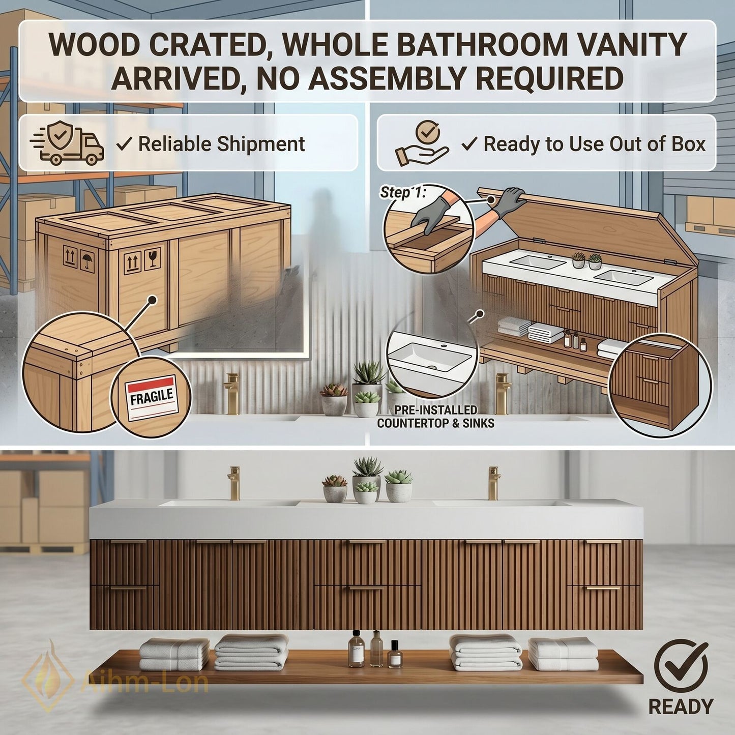 78''-96'' Double Bathroom Vanity with Sink Vertical Slatted Wood Doors Integrated Solid