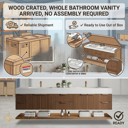 78''-96'' Double Bathroom Vanity with Sink Vertical Slatted Wood Doors Integrated Solid
