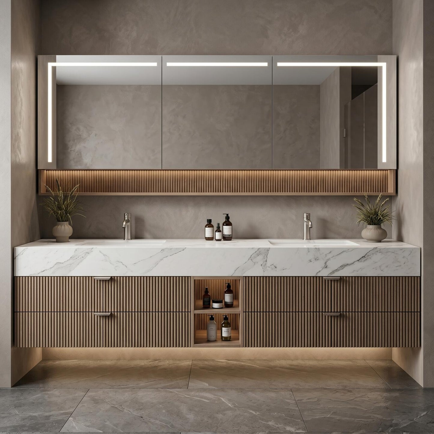 60''-96'' Modern Bathroom Vanity with Sink Floating White Marble Top Fluted Drawers