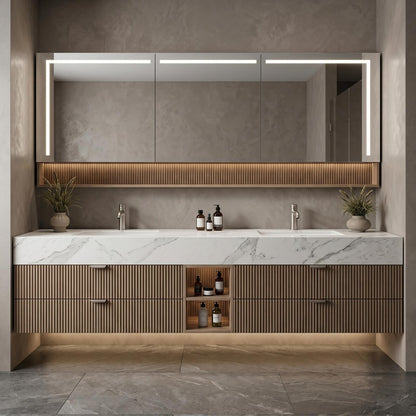 60''-96'' Modern Bathroom Vanity with Sink Floating White Marble Top Fluted Drawers