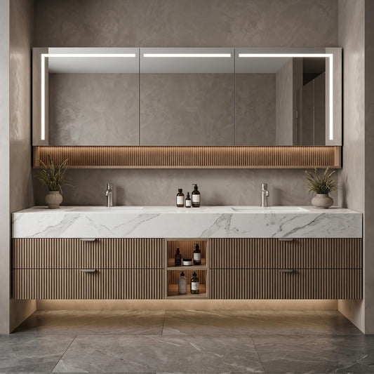 60''-96'' Modern Bathroom Vanity with Sink Floating White Marble Top Fluted Drawers