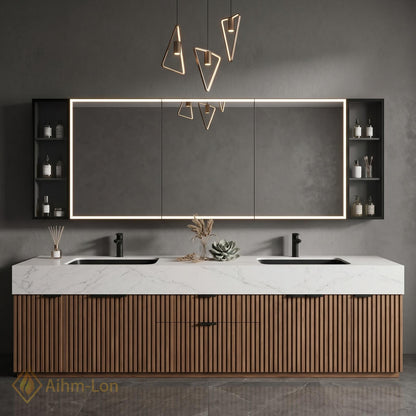72''-96'' Double Bathroom Vanity with Sink White Modern Marble-Top Mirror Vertical