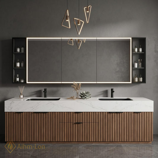 72''-96'' Double Bathroom Vanity with Sink White Modern Marble-Top Mirror Vertical