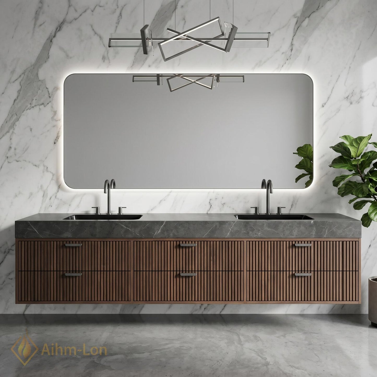 60''-96'' Double Bathroom Vanity with Sink Dark Grey Floating Stone-Top Slatted