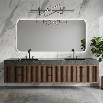 60''-96'' Double Bathroom Vanity with Sink Dark Grey Floating Stone-Top Slatted