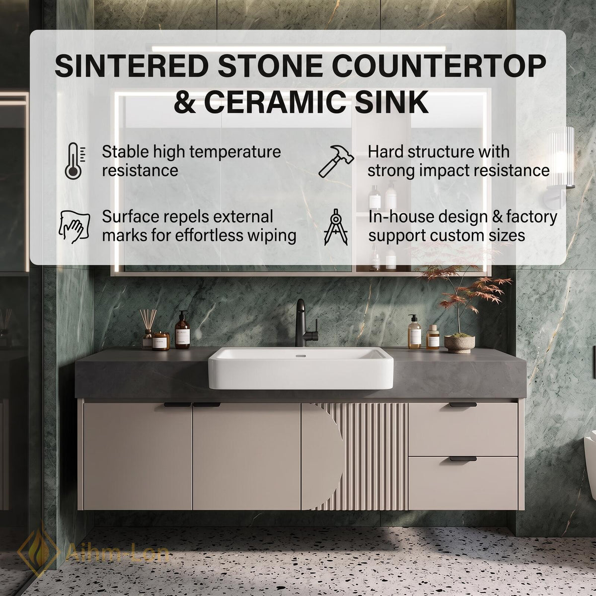 36''-110'' Double Bathroom Vanity with Sink Wall-Mounted Fluted Panel Detail