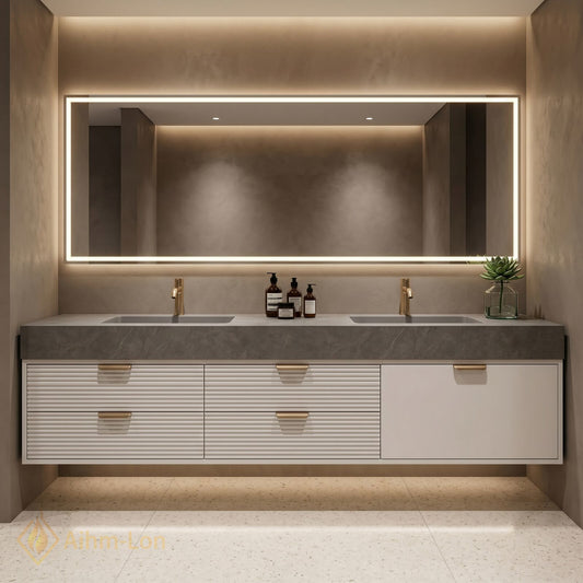 60''-96'' Double Bathroom Vanity with Sink Grey Modern Stone Texture Top Ribbed
