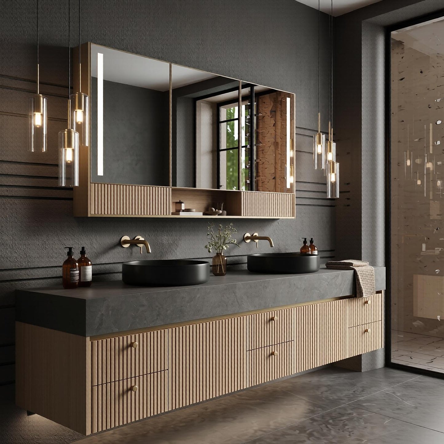 60''-96'' Modern Bathroom Vanity with Sink Floating Dark Stone Slatted Front Panels Cabinet