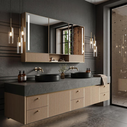 60''-96'' Modern Bathroom Vanity with Sink Floating Dark Stone Slatted Front Panels Cabinet