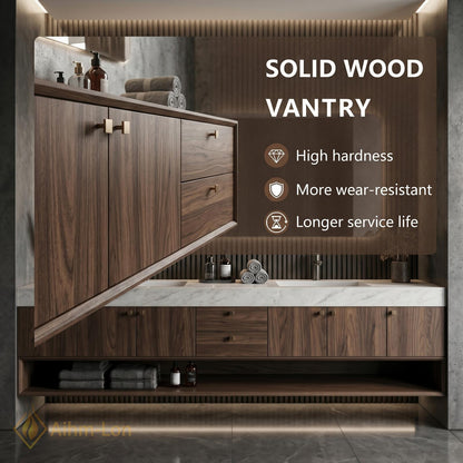 76''-96'' Double Bathroom Vanity with Sink Dark-Walnut Slatted-Panel Elegant Finish