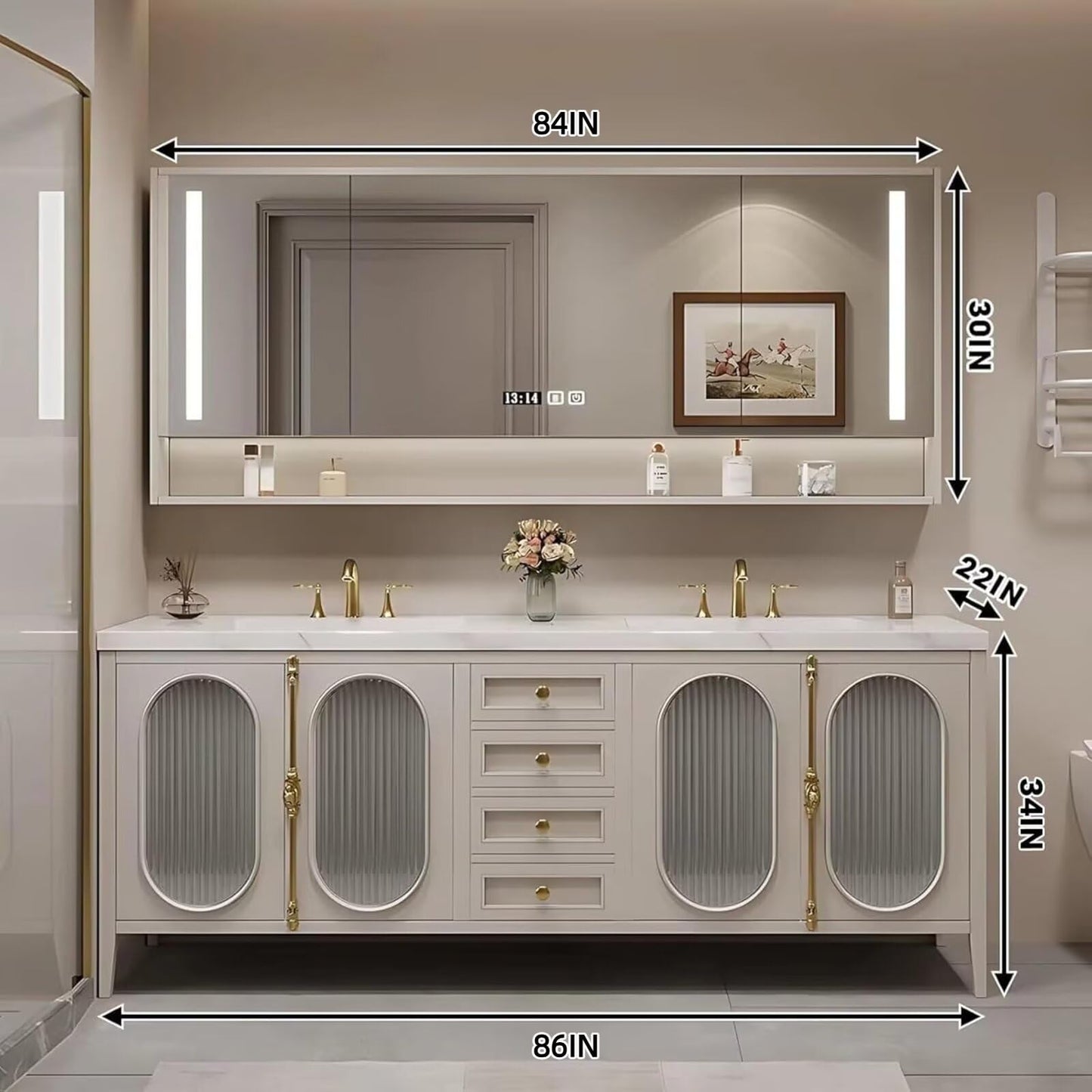 58"-96"Modern Bathroom Vanity Includes Fine Copper Metal Texture Handle & Striped Glass Door Storage