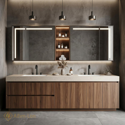 60''-96'' Double Bathroom Vanity with Sink Modern Warm Wood Finish Large Mirror