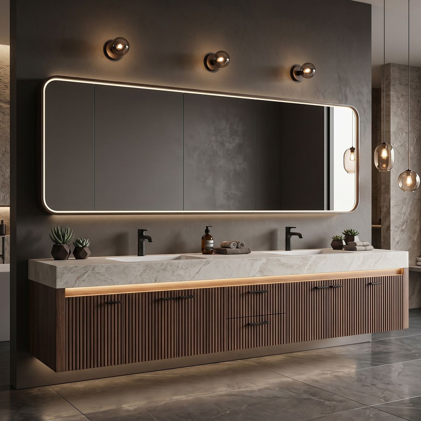 70''-96'' Modern Bathroom Vanity with Sink Double Sink Floating Wood Grain Storage Drawers