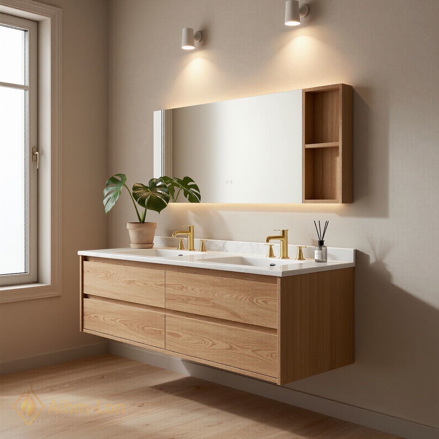 60''-96'' Modern Bathroom Vanity with Sink Floating Marble Wooden Frame Anti-Fog Mirror