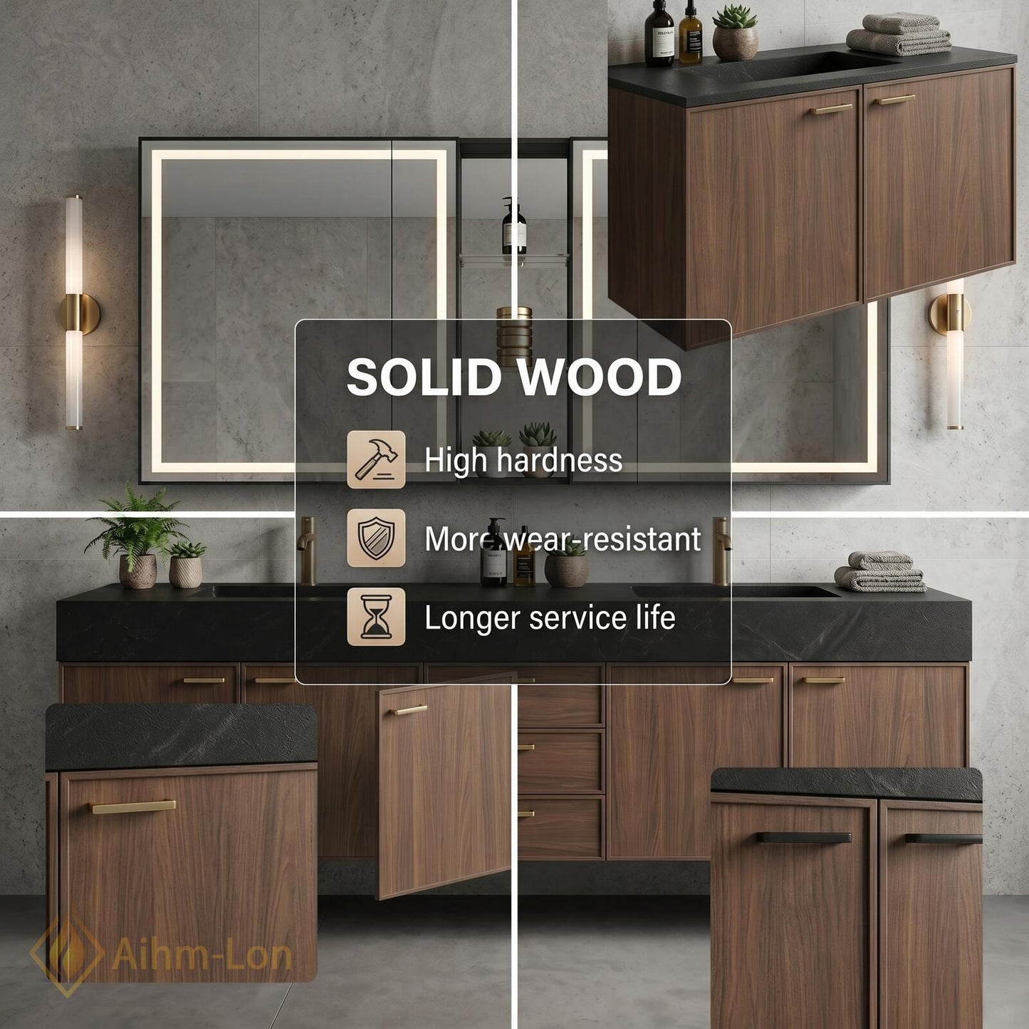 60''-96'' Contemporary Double Bathroom Vanity with Sink Dark Stone Rich Wood Grain