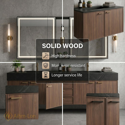 60''-96'' Contemporary Double Bathroom Vanity with Sink Dark Stone Rich Wood Grain