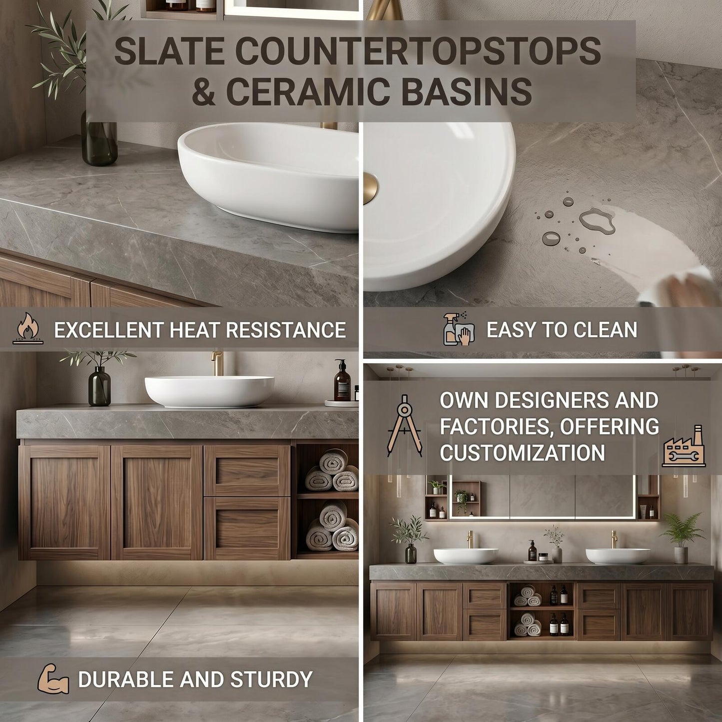 60''-96'' Floating Bathroom Vanity with Sink Double Sink Stone Top Dark Wood Open Shelving