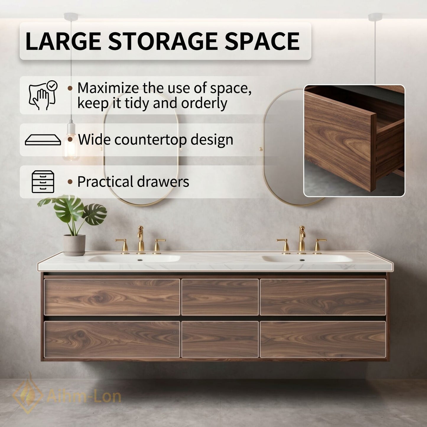 60''-96'' Modern Bathroom Vanity with Sink Floating Wooden Drawer White Stone Oval Mirrors
