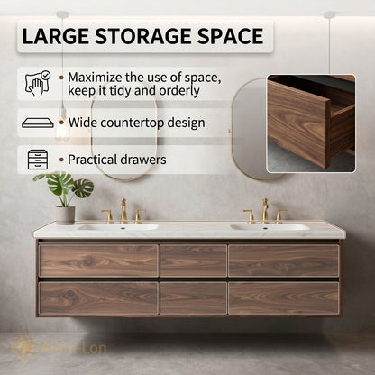 60''-96'' Modern Bathroom Vanity with Sink Floating Wooden Drawer White Stone Oval Mirrors