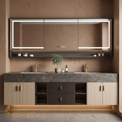 60''-96'' Double Bathroom Vanity with Sink Modern Floating Dark Marble Slatted Panel