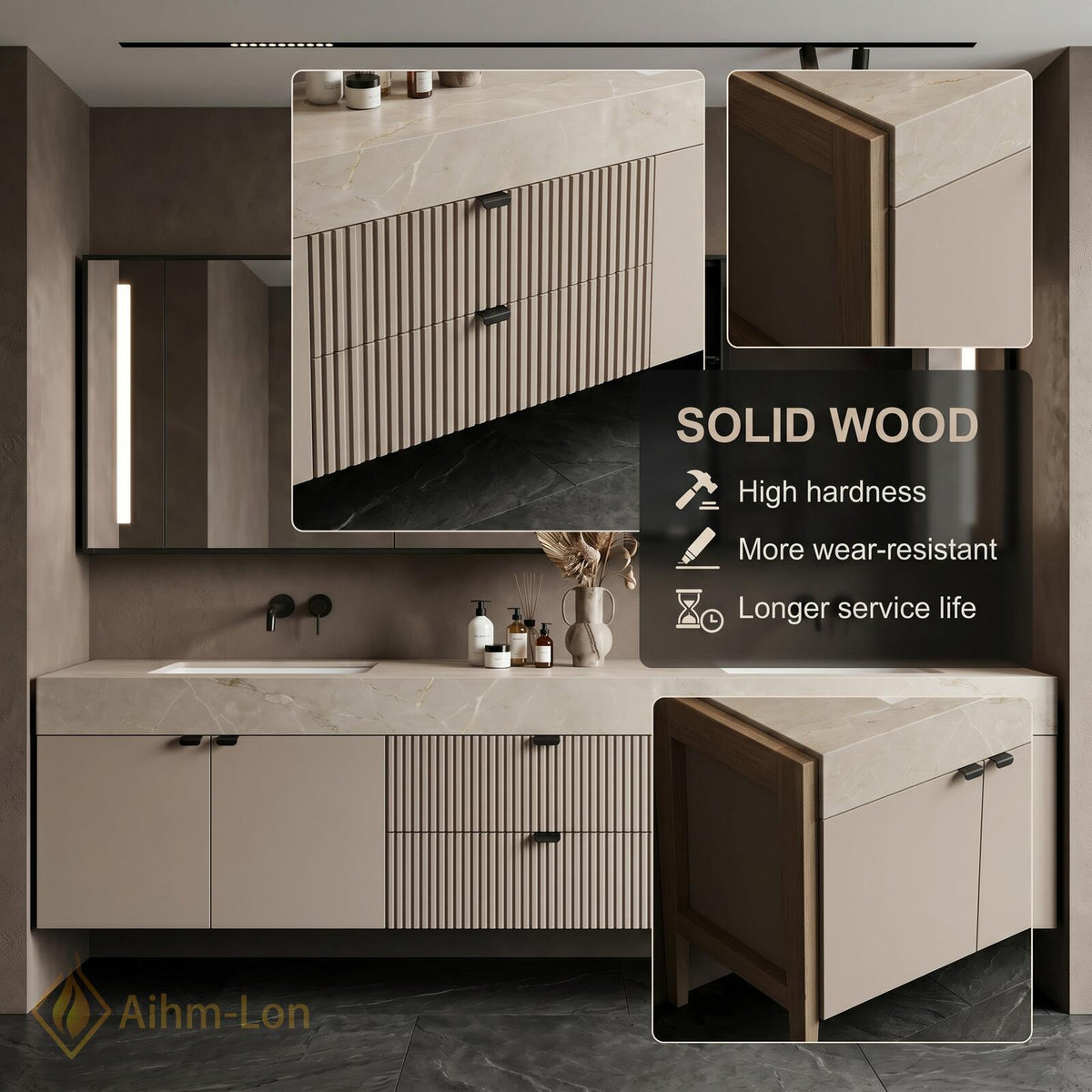 60''-96'' Bathroom Vanity with Sink Floating Double Ribbed Drawers Stone Textured Finish