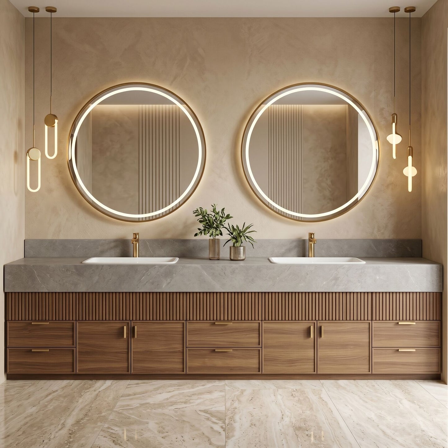 78''-96'' Modern Bathroom Vanity with Sink Double Sink Ribbed Texture Warm Wood Grain Cabinet