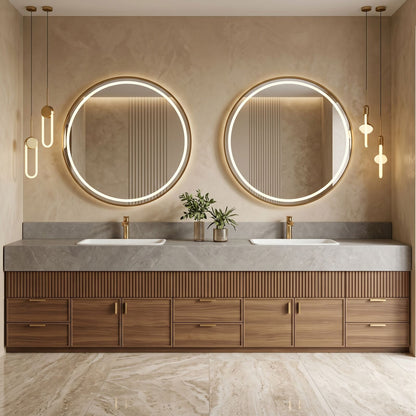 78''-96'' Modern Bathroom Vanity with Sink Double Sink Ribbed Texture Warm Wood Grain Cabinet
