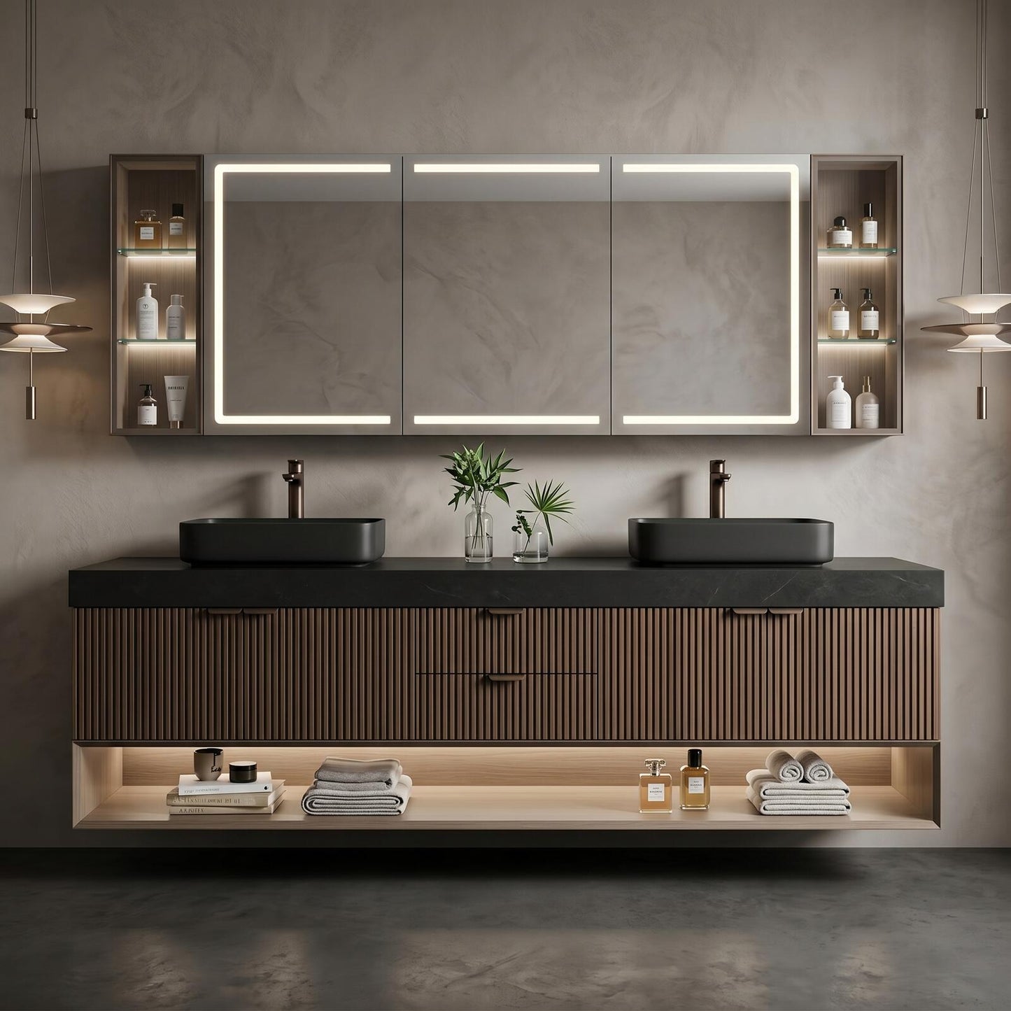 60''-96'' Floating Bathroom Vanity with Sink Double Sink Slatted Front Panel Bottom Cabinet
