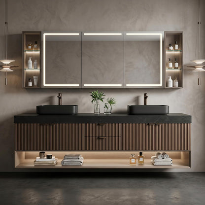 60''-96'' Floating Bathroom Vanity with Sink Double Sink Slatted Front Panel Bottom Cabinet