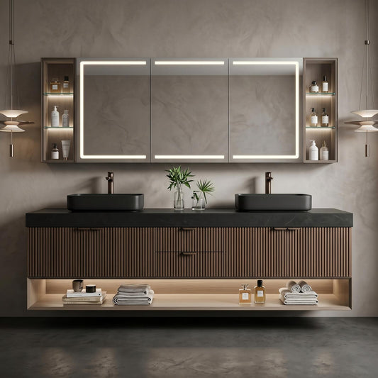 60''-96'' Floating Bathroom Vanity with Sink Double Sink Slatted Front Panel Bottom Cabinet