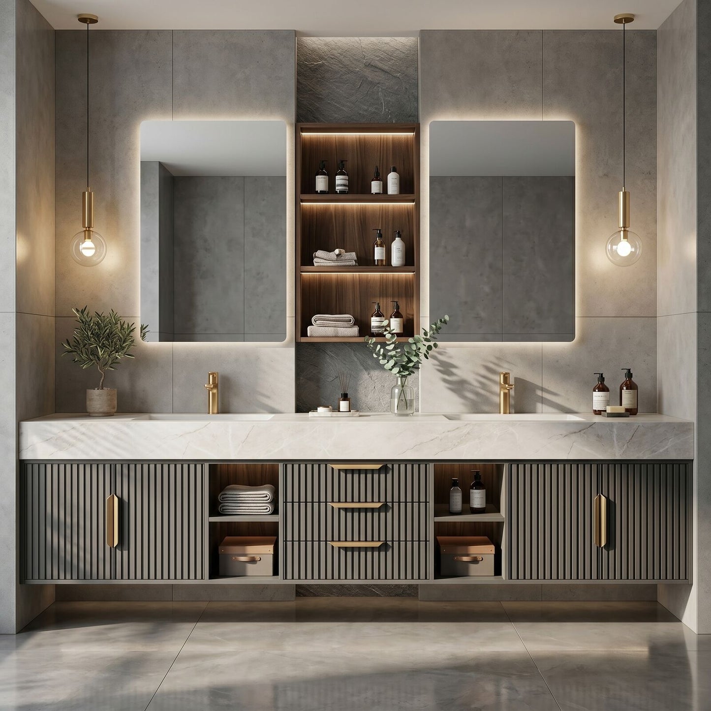 72''-96'' Double Bathroom Vanity with Sink Slat Front Panels Marble Look Shelving Cabinet