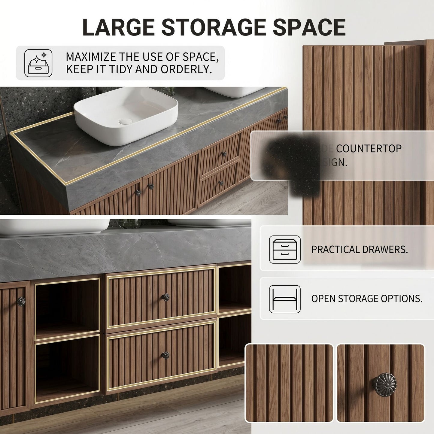 60''-96'' Modern Bathroom Vanity with Sink Dark Stone Slatted Wood Drawers Cabinet