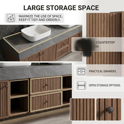 60''-96'' Modern Bathroom Vanity with Sink Dark Stone Slatted Wood Drawers Cabinet