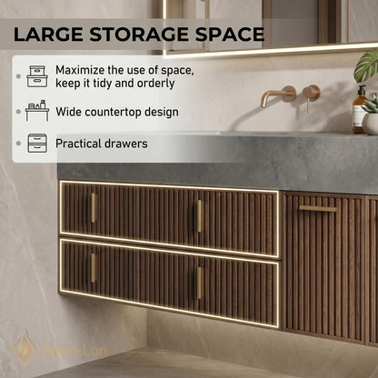 60''-96'' Double Bathroom Vanity with Sink Modern Floating Slatted Wood Panels Dark