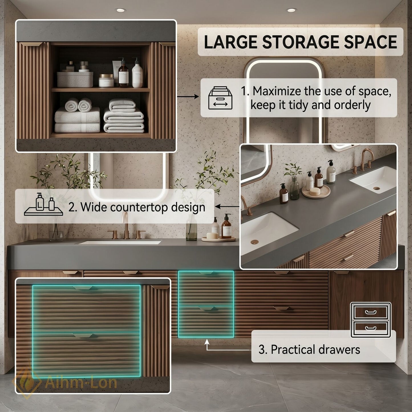 70''-96'' Double Bathroom Vanity with Sink Modern Stone-Top Slatted Dark Wooden Drawers