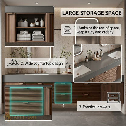 70''-96'' Double Bathroom Vanity with Sink Modern Stone-Top Slatted Dark Wooden Drawers