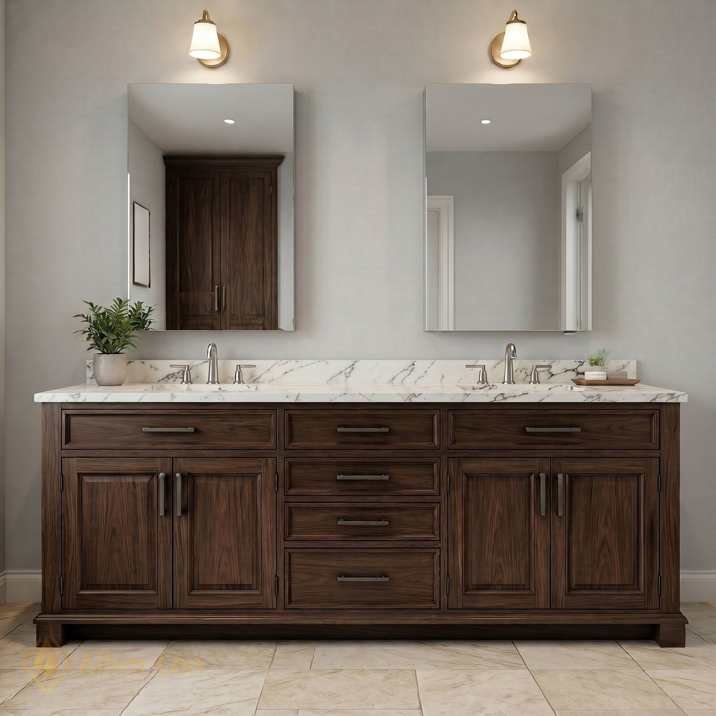 70''-96'' Elegant Bathroom Vanity with Sink Dark Wood Marble Deep Drawers Cabinet
