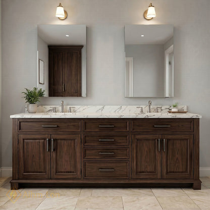 70''-96'' Elegant Bathroom Vanity with Sink Dark Wood Marble Deep Drawers Cabinet
