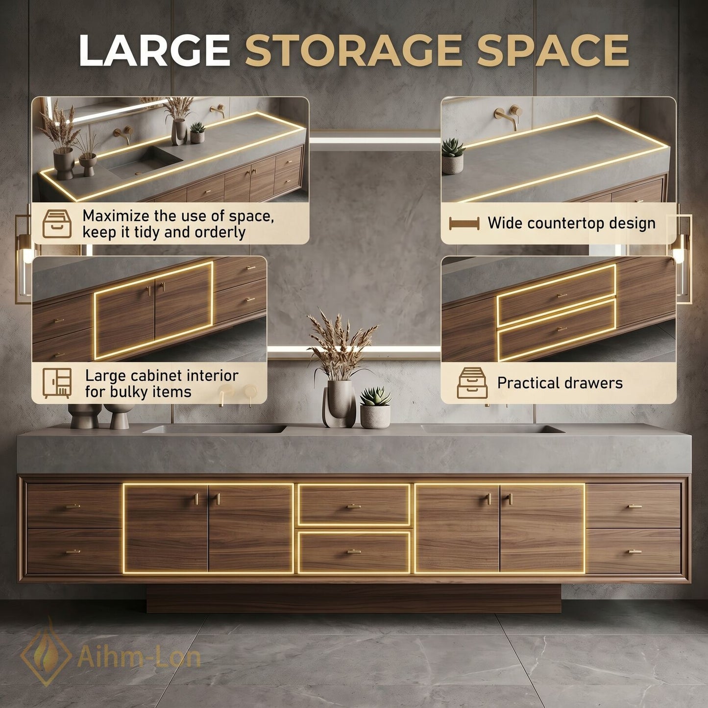 76''-96'' Double Bathroom Vanity with Sink Grey Modern Wood-Grain Sets Concrete Countertop