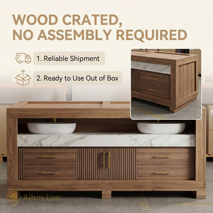 60''-96'' Modern Floating Bathroom Vanity with Sink White Marble Ridged Wood Front