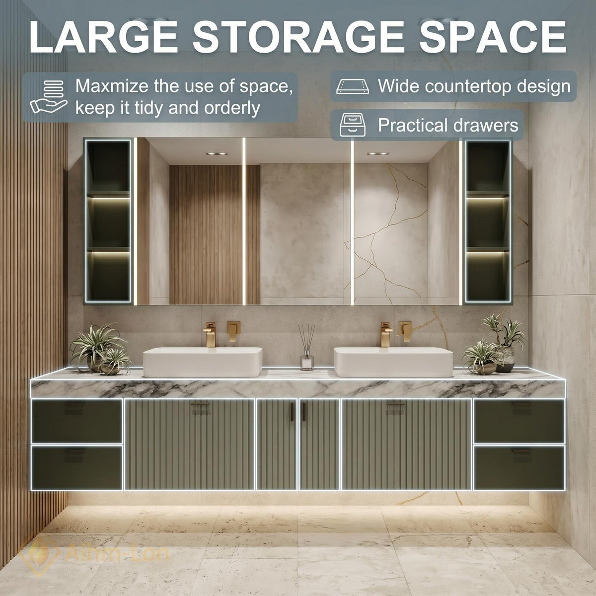 60''-96'' Double Bathroom Vanity with Sink Floating Green Fluted Panels Stone Countertop