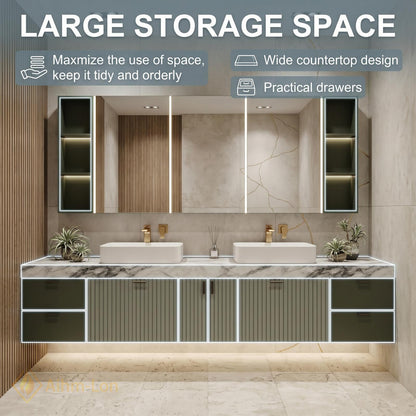 60''-96'' Double Bathroom Vanity with Sink Floating Green Fluted Panels Stone Countertop