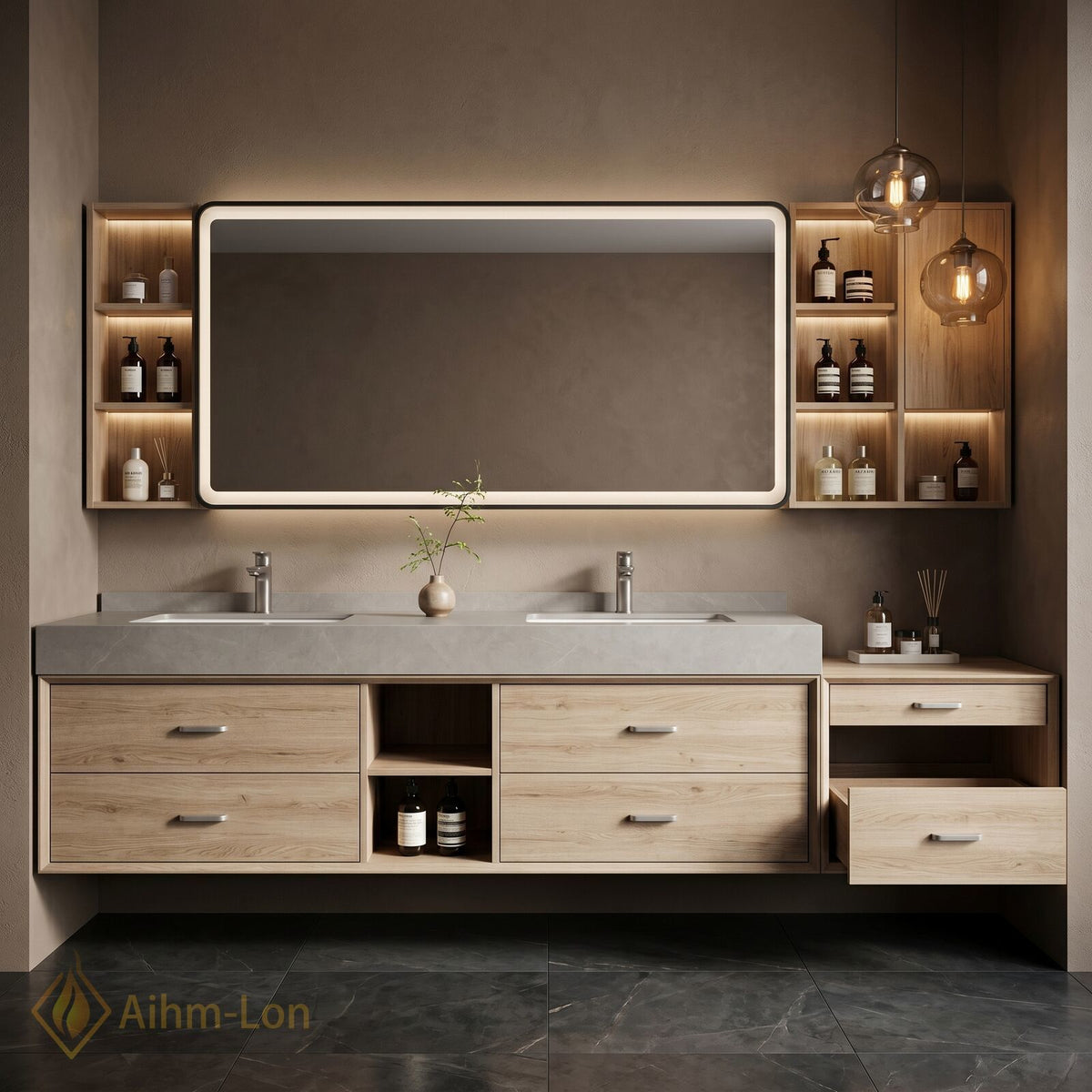 78''-96'' Double Bathroom Vanity with Sink Light Oak Finish Floating Vanity Station