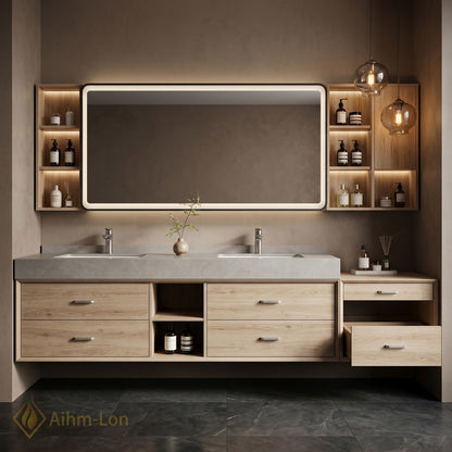 78''-96'' Double Bathroom Vanity with Sink Light Oak Finish Floating Vanity Station